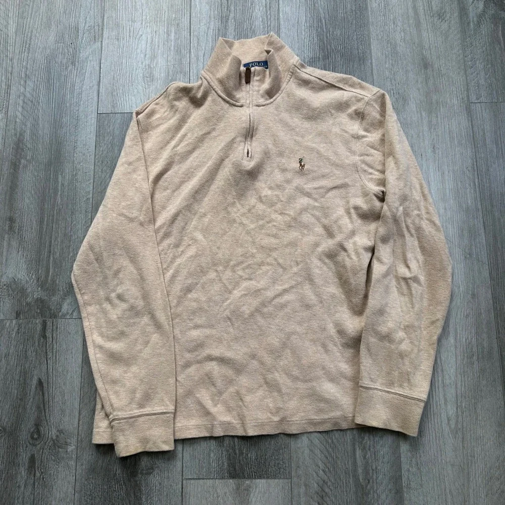 Polo Ralph Lauren 1/4 Zip Beige Cotton Pullover Sweater Men's L Estate rib